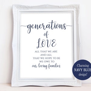 May include: A white framed printable sign with navy blue text that reads "generations of love, all that we are and all that we hope to be we owe to our loving families". The bottom right corner of the sign has a navy blue circle with the text "Charming NAVY BLUE design!"