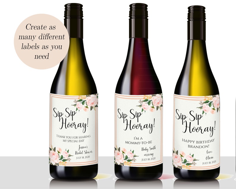 Editable Wine Labels Sip Sip Hooray Wine Label Pregnancy Etsy