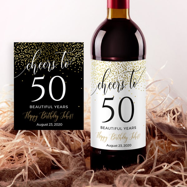 Personalized Birthday Wine Label: Gold Confetti, Any Age (Instant Download)