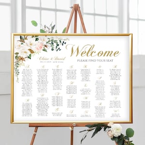 Plantilla imprimible para plano de asientos de boda Plano de asientos de boda en orden alfabético Plano de asientos Impresión de mesa DIY Magnolia blanca Acuarela Floral