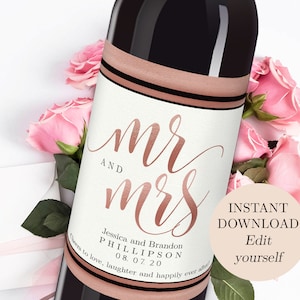 Editable Wine Label Template, Mr & Mrs Printable Wine Bottle Labels, Wine Labels for Wedding, Wine Bottle Label Engagement