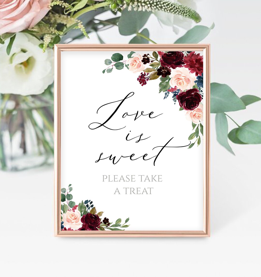 Burgundy Bridal Shower Sign Printable Love is Sweet, Wedding Reception ...