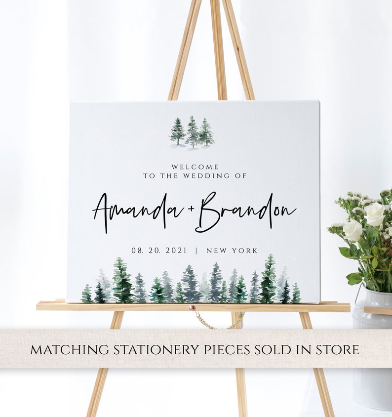 May include: Welcome sign with watercolor forest illustration. The sign reads "Welcome to the wedding of Amanda + Brandon 08.20.2021 | New York"