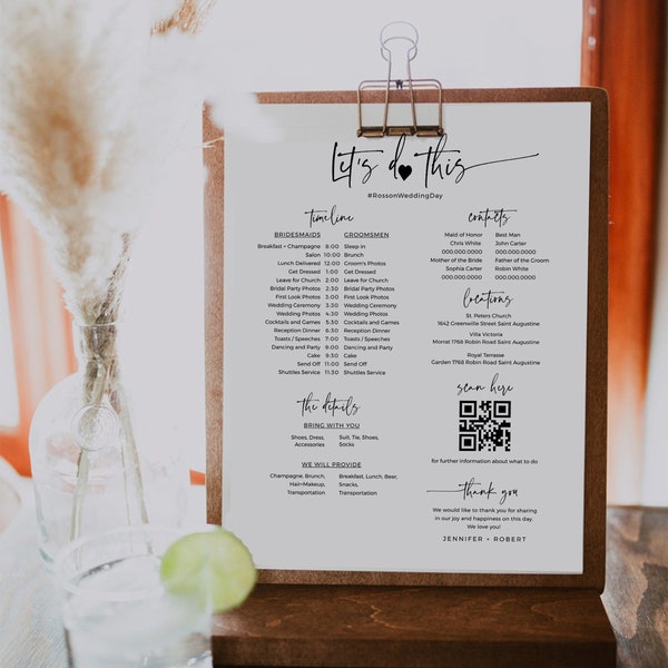 Minimalist Wedding Events Card Template, Wedding Welcome Bag Note, Wedding Events Timeline Printable, Modern Wedding Schedule Editable, POM