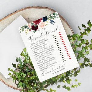 He Said She Said Game Cards, Guess Who Said It Bridal Game, Bridal Tea Party, Fully Editable Bridal Shower Games DIY Wedding Shower Burgundy