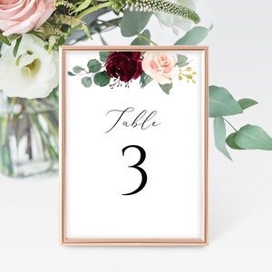 Wedding Table Numbers Printabl, Table Numbers Template Printable Numbers Reception Numbers Printable Table Numbers Wedding Burgundy Merlot
