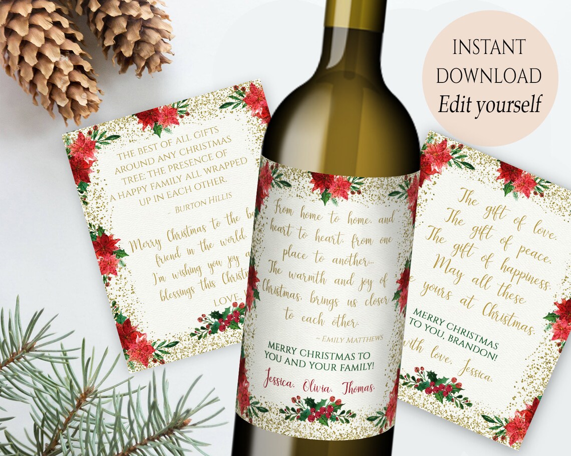 Christmas Wine Bottle Label Personalized Christmas Wine Gift Etsy