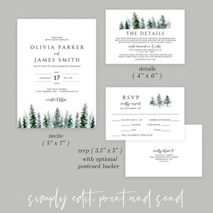 Pine Tree bruiloft uitnodiging set, afdrukbare uitnodiging sjabloon, bewerkbare bruiloft uitnodiging Suite, bos, winter, aquarel, Evergreen afbeelding 2
