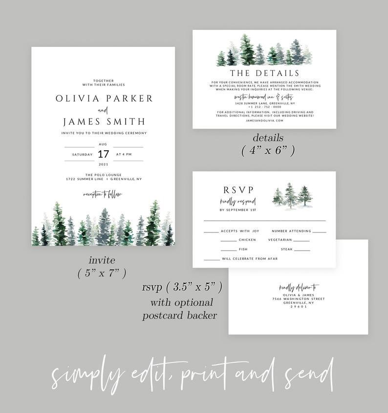 Pine Tree Wedding Invitation Set, Printable Invitation Template, Editable Wedding Invitation Suite, Forest, Winter, Watercolor, Evergreen imagem 2