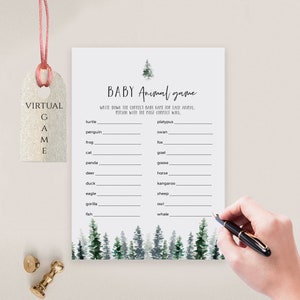 Name the Baby Animal Game Printable + Virtual Baby Shower Game, Pine Tree, Instant Download, Edit with Templett