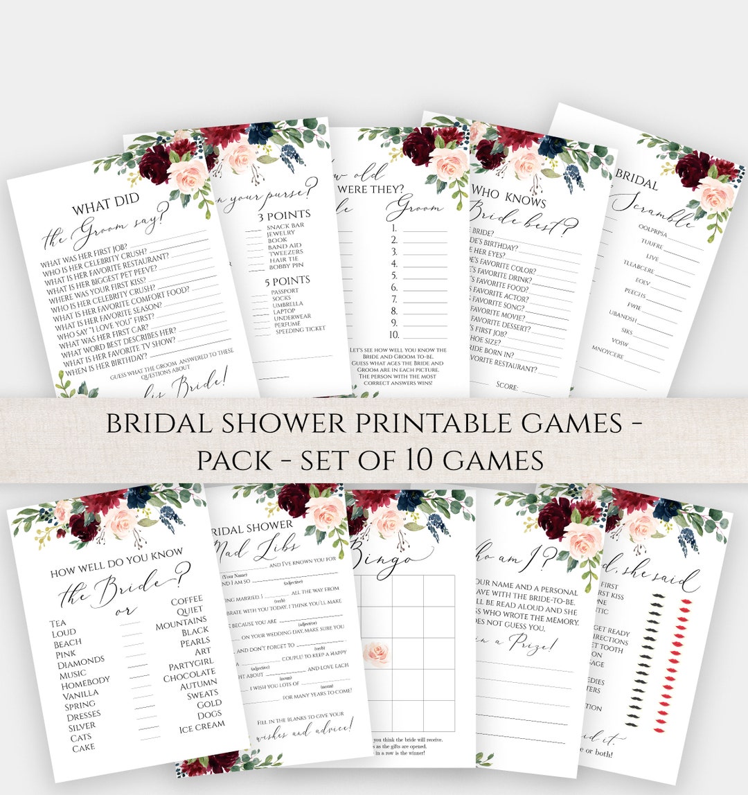 Printable Bridal Shower Games, Printable Shower Games Pac, Set of 10 ...