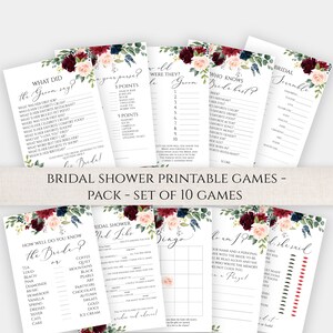 Printable Bridal Shower Games, Printable Shower Games Pac, Set of 10 Games, Instant Download Merlot Burgundy Bridal Games Package Set Bundle