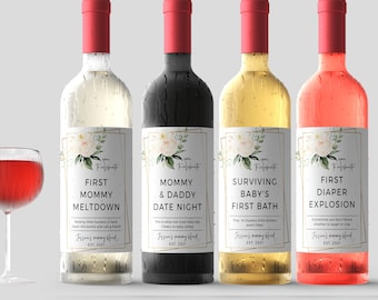 New Mom Gift Wine Labels Mommy Milestones Baby Shower Gift Wine, Fun New Mommy Mother's Day, Instant Download, Templett, PPO