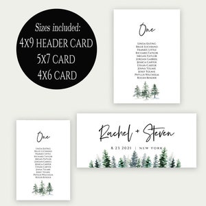 May include: A set of three printable wedding cards with a watercolor forest theme. The cards include a header card with the text "4x9 Header Card", a 5x7 card with the text "One" and a list of names, and a 4x6 card with the text "Rachel + Steven" and the date "8.23.2021" and the location "New York".