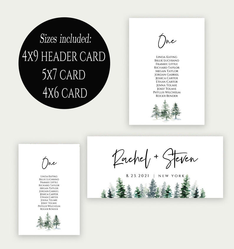 May include: A set of three printable wedding cards with a watercolor forest theme. The cards include a header card with the text "4x9 Header Card", a 5x7 card with the text "One" and a list of names, and a 4x6 card with the text "Rachel + Steven" and the date "8.23.2021" and the location "New York".