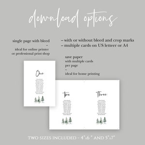 May include: Printable wedding table number cards with a watercolor forest design. The cards are labeled "One", "Two", and "Three" and feature a list of names. The text "Two sizes included - 4"x6" and 5"x7" is at the bottom of the image.