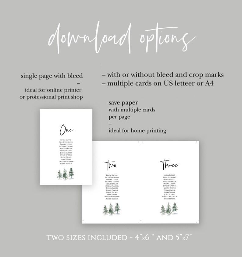 May include: Printable wedding table number cards with a watercolor forest design. The cards are labeled "One", "Two", and "Three" and feature a list of names. The text "Two sizes included - 4"x6" and 5"x7" is at the bottom of the image.