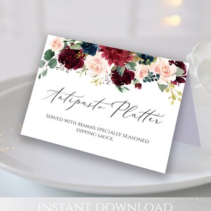 Modèle de carte de buffet Buffet de nourriture étiquette de mariage Buffet imprimable Téléchargement instantané, texte entièrement modifiable, cartes de tente de buffet Bourgogne merlot