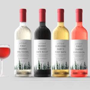 New Mom Gift Wine Labels, Mommy Milestones Baby Shower Gift, Fun New Mom Gift New Mommy Mother&#39;s Day, Instant Download, Templett, Pine Tree