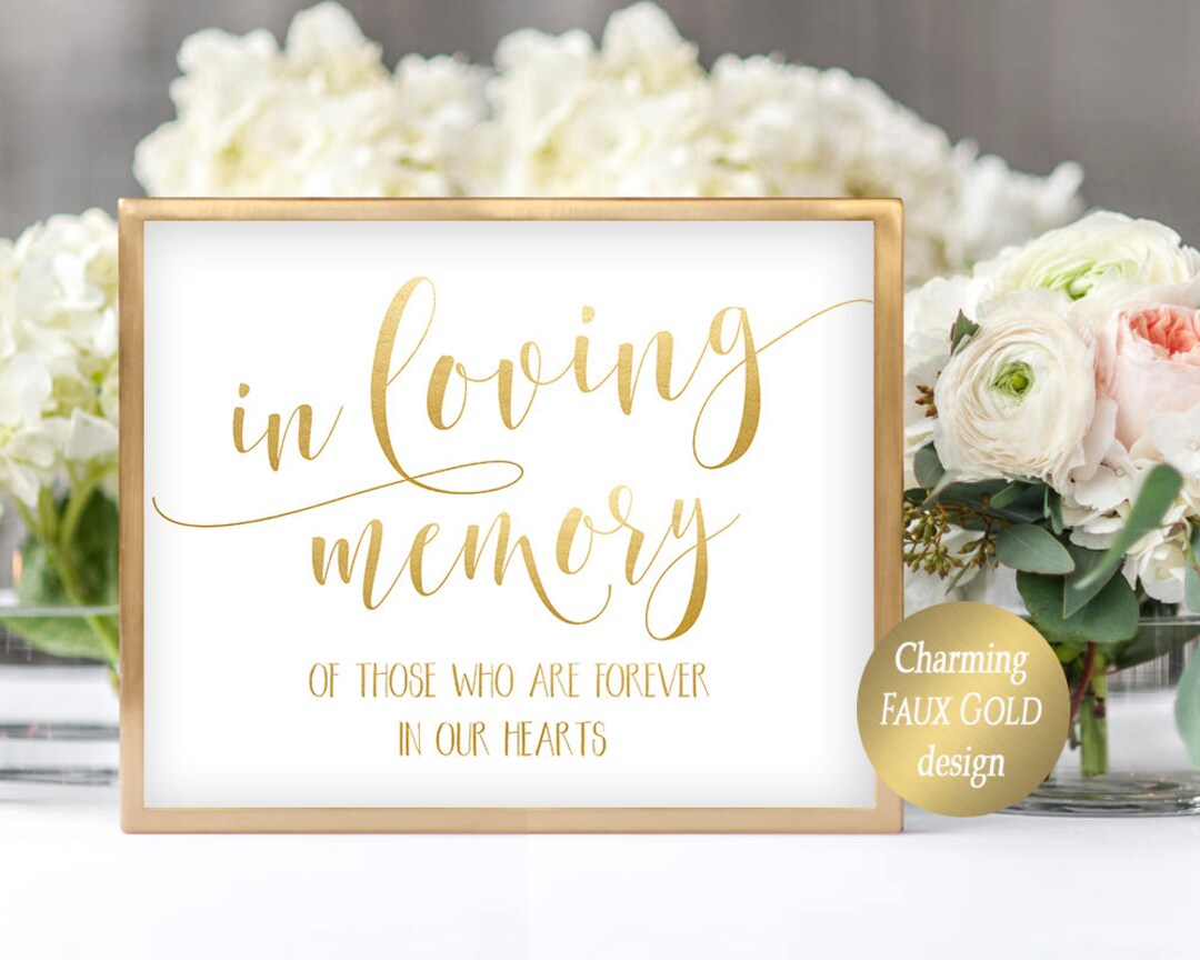 Gold in Loving Memory Sign Printable, Memorial Table Sign for Wedding Reception, Instant ...