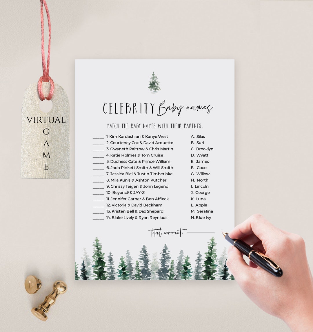 Celebrity Baby Name Game, Printable Pine Tree Forest Baby Shower Game ...