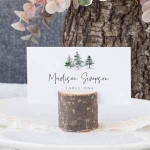 Place Card Template, Printable Wedding Escort Card, INSTANT DOWNLOAD, 100% Editable Seating Card, Watercolor Pine Tree, Forest, Woodland