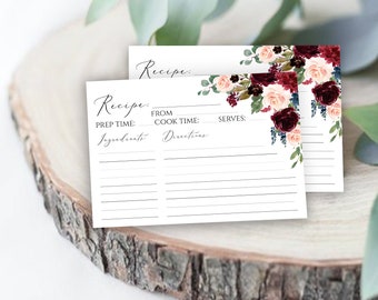 Recipe Card Printable Recipe Card DIY Recipe Card Burgundy Recipe Card Bridal Shower Recipe Card Template Instant Download 4x6 Merlot Boho