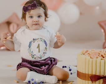 Purple 1st Birthday Outfit Girl, Boho First Birthday Outfit Girl, Purple and Gold, Floral Wreath, Personalized, Wild One Outfit, Baby Shorts