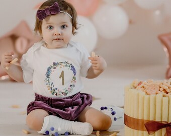 Purple 1st Birthday Outfit Girl, Boho First Birthday Outfit Girl, Purple and Gold, Floral Wreath, Personalized, Wild One Outfit, Baby Shorts