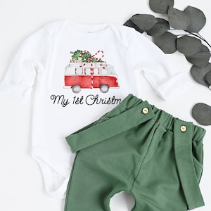 Baby Boy Christmas Outfit Personalized Outfit My 1st Christmas Red truck Green Pants Suspenders Bow Tie  Christmas Photoshoot Outfit Clothes