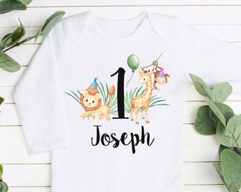 Safari 1er anniversaire Body, 1er anniversaire tenue, personnalisé premier anniversaire Body, Lion, girafe, singe, Jungle anniversaire, un, unisexe