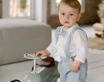 Baby Boy Christening Outfit Boy Baptism Outfit Linen Clothes Light Blue Linen Suit For Boys Pants With Suspenders Pockets Ring Bearer Outfit