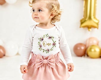 Boho First Birthday Outfit: Floral Wreath, Dusty Pink Skirt