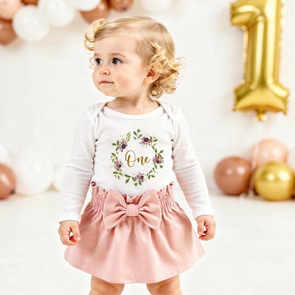 Boho First Birthday Outfit: Floral Wreath, Dusty Pink Skirt