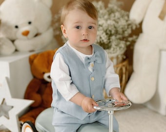 4 psc Boy Christening Outfit with Waistcoat Linen Christening Set For Boy Light Blue Linen Outfit Linen Vest Summer Baby Boy Blessing Outfit