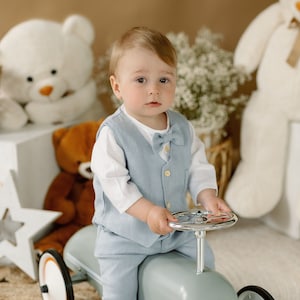 Conjunto de batizado para menino com 4 peças, colete, conjunto de batizado de linho para menino, roupa de linho azul claro, colete de linho, roupa de bênção de verão para bebê menino