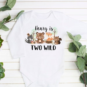 2nd Birthday Boy Shirt Two Wild Woodland Birthday Boy Personalized Outfit Beige Pants With Suspenders Forest Animals Fox Bear Racoon
