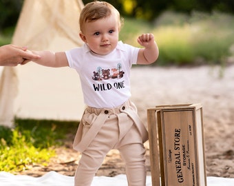 Woodland 1st Birthday Boy Outfit First Birthday Boy Woodland Wild One Beige Pants With Suspenders With Bow Tie Forest Raccoon Bear Fox