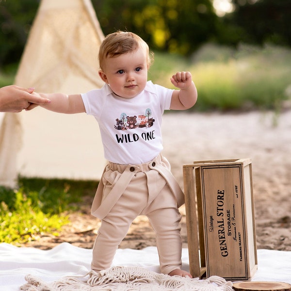 Woodland 1st Birthday Boy Outfit First Birthday Boy Woodland Wild One Beige Pants With Suspenders With Bow Tie Forest Raccoon Bear Fox