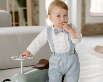 Linen Baby Boy Christening Clothes 3psc Linen Baptism Clothes For Boy Light Blue Outfit Boy Summer Baby Boy Blessing Outfit Ring bearer Suit
