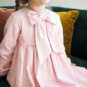 Baby Girl Robe Filles Linen Robe Poussiéreux Rose Grand Bow Filles Boho Robe Manches Longues Fleurs Filles Robe Baptême Robe Robe de baptême image 1