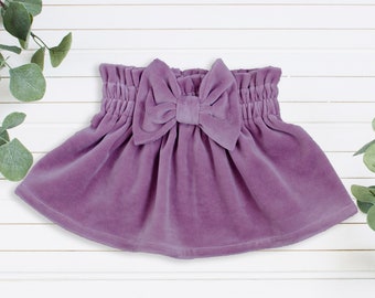 Jupe en velours prune pour filles avec nœud, vêtements de bébé fille, nœuds de bébé fille, jupe violette, jupe velours d’automne, jupe velours violet pour fille, lilas