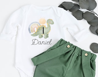 Dino 1st Birthday Outfit Boy First Birthday Boy Outfit Dinosaur Bodysuit One Personalized with name Green Suspender Pants Cake Smash Bow tie