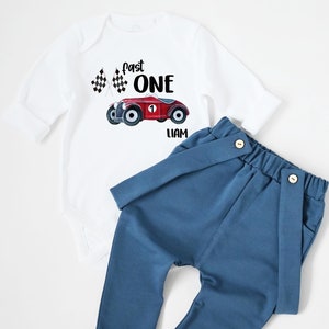 Personalized 1st Birthday Boy Outfit Fast One First Birthday Race Cars Outfit Custom Cake Smash Outfit Boy Photoshoot Outfit Grey Pants Bow