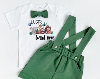 1st Safari Birthday Outfit Boy Wild One Jungle First Birthday Bodysuit Safari Animals Zoo Birthday Outfit Suspender Shorts  Bow Tie