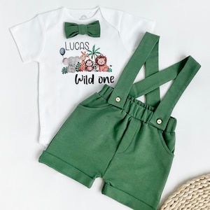 1st Safari Birthday Outfit Boy Wild One Jungle First Birthday Bodysuit Safari Animals Zoo Birthday Outfit Suspender Shorts  Bow Tie