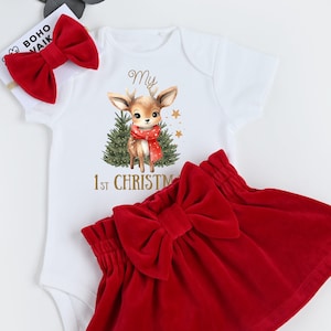 Christmas Girl Outfit 1st Christmas Outfit Personalized Christmas Outfit Reindeer Red Christmas Skirt Big Bow My First Christmas Red Hairbow