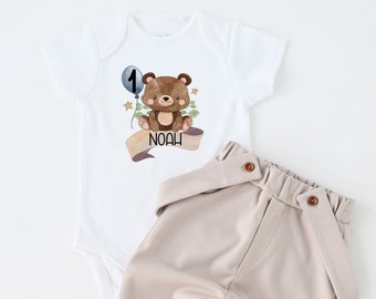 Bear 1st Birthday Boy Outfit Personalized First Birthday Boy Outfit Custom Outfit Beige Pants With Suspenders Teddy Bear Balloon One