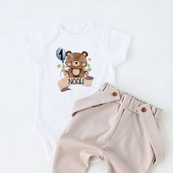 Ours 1er anniversaire garçon tenue personnalisée premier anniversaire garçon tenue tenue personnalisée pantalon beige avec bretelles ours en peluche ballon un