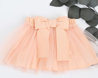Falda de tul color melocotón para bebé con lazo - Tutú forrado de algodón hecho a mano